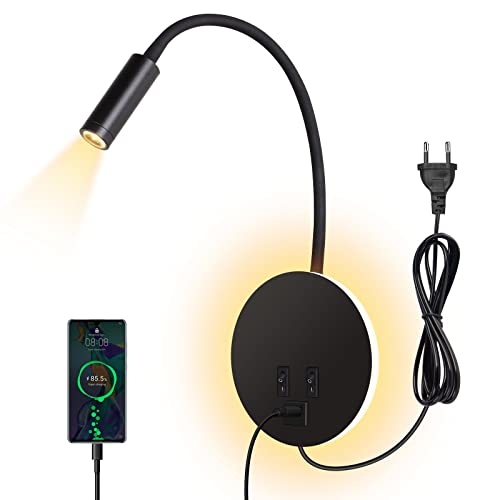 ERWEY Leselampe Bett, Leselampe Wandmontage 3W+8W Bettlampe mit Schalter und USB-Aufladung,LED Wandlampe Leselicht 360° Schwenkbar Schwanenhals mit Stecker und Kabel für Schlafzimmer, Schwarz von ERWEY