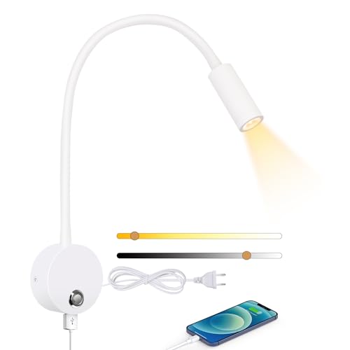 ERWEY Leselampe Wandmontage, Wandlampe mit Schalter Touch Dimmbar 3000K-6000K und USB-Ladeanschluss, 360° Schwenkbar Schwanenhals Lampe Bettlampe mit Stecker und Kabel für Schlafzimmer von ERWEY