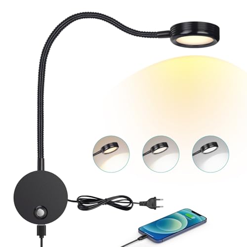 ERWEY Leselampe Wandmontage, LED Bettleuchte Wandleuchte mit Touch Button Einstellbar Licht 3000K/4000K/6000K, 4W Bettlampe 360° Flexible Schwanenhals Lampe mit USB-Ladeanschluss, Schwarz von ERWEY