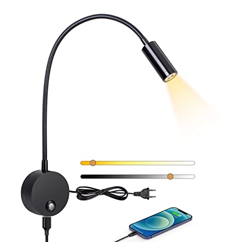 ERWEY Leselampe Wandmontage, LED Wandleuchte Bettlampe mit Schalter Touch Dimmbar und USB-Ladeanschluss, Bett Leselicht 360° Schwenkbar Schwanenhals Lampe für Schlafzimmer, 3000K-6000K, Schwarz von ERWEY