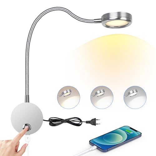 Leselampe Wandmontage, LED Bettleuchte Wandleuchte mit Touch Button Einstellbar Licht 3000-6000K, 4W Bettlampe 360° Flexible Schwanenhals Lampe mit USB-Ladeanschluss für Bett, Schlafzimmer, Silber von ERWEY