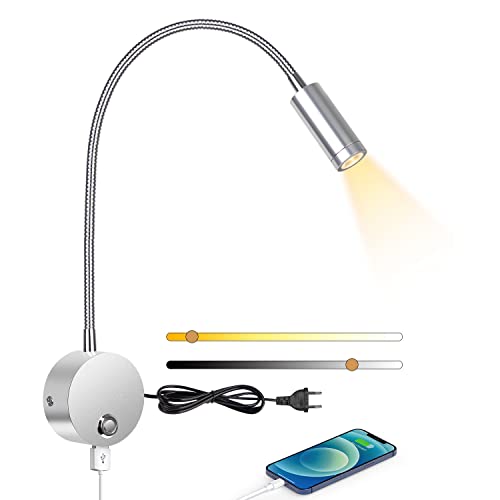 ERWEY Leselampe Wandmontage, LED Wandleuchte Bettlampe mit Schalter Touch Dimmbar und USB-Ladeanschluss, Bett Leselicht 360° Schwenkbar Schwanenhals Lampe mit Stecker und Kabel für Schlafzimmer von ERWEY