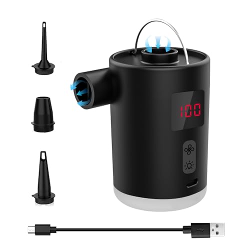 ERYUE Tragbare Drahtlose Luftpumpe mit 4000 -mAh -Batterie, 240 L/min, 4000pa -Inflation & Deflationspumpe, LED -Licht, 3 Düsen Enthalten, für Inflationspool, Luftmantel, Luftbett, (Schwarz) von ERYUE