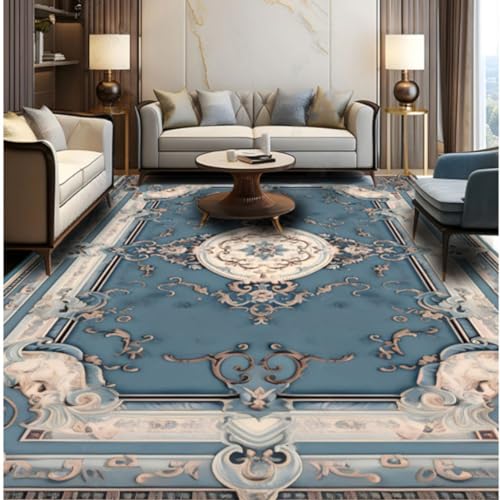 ERZAXI Teppiche im Vintage Stil, Orientalischer Blumen Druck Rahmen Teppiche für Wohnzimmer, Maschinen Waschbarer Kurzflor Teppich, Beige, Blau 200 * 290cm von ERZAXI
