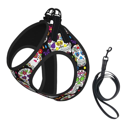 Hundegeschirr mit buntem Totenkopf-Druck, reflektierend, verstellbar, ausbruchsicher, mit weichem, atmungsaktivem Netzgewebe, für kleine Haustiere und Kätzchen Hundegeschirr mit buntem Totenkopf-Druck, reflektierend, verstellbar, ausbruchsicher, mit weichem, atmungsaktivem Netzgewebe, für kleine Haustiere und Kätzchen von ERhoug
