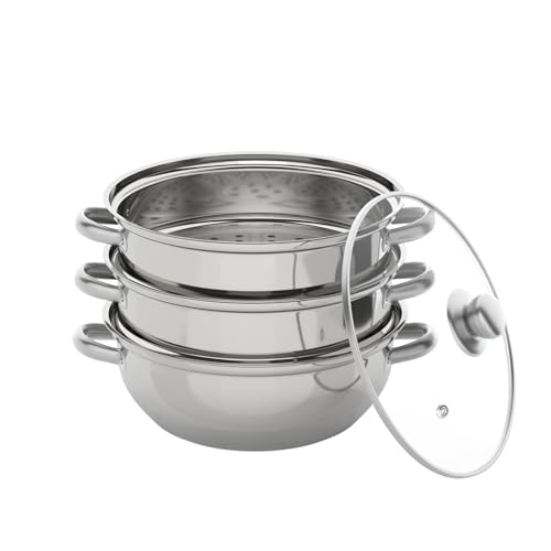 3 Tite Edelstahl Dampfgarer Küche Dampfkocher Dampfkochtopf mit Glasdeckel für Kochen, Suppe, Nudeln, Fische, Arbeiten mit Gas, Elektro, Induktion, Durchmesser 30 cm von ERnonde