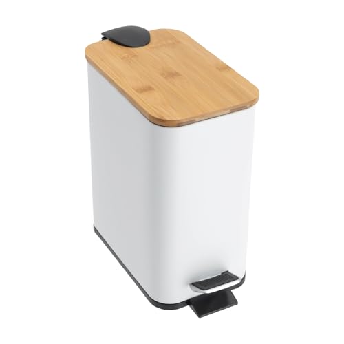ERnonde 5L Mülleimer, Küchenabfalleimer mit Bambus Deckel 5.28qt Weiß Freistehend Abfalleimer Badmülleimer mit Herausnehmbare Innenzylinder für Badezimmern, Küchen, Schlafzimmern oder Büros von ERnonde