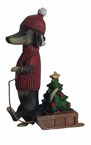 ES Deko Figur Weihnachtsdackel mit Weihnachtsbaum auf Schlitten, ca. 12,5 cm, Dekoration Figuren Tiere Dackel Hund von ES