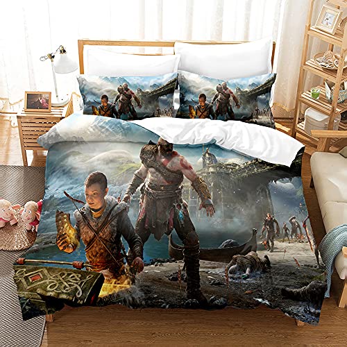 ESAAH God of War Bettwäscheset 3D Für Alle Jahreszeiten Zart Gemusterter Bettbezug Mit Reißverschluss (A2,135x200cm+80x80cmx1) von ESAAH