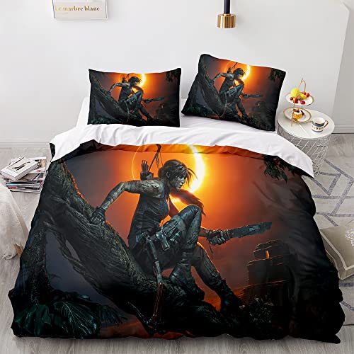 ESAAH Tomb Raider Bettwäsche ，3D-Digitaldruck Anime Bettbezug Set Und Kopfkissenbezug,Mikrofaser, Für Jugendliche Kind (A8,135x200cm+75x50cmx1) von ESAAH