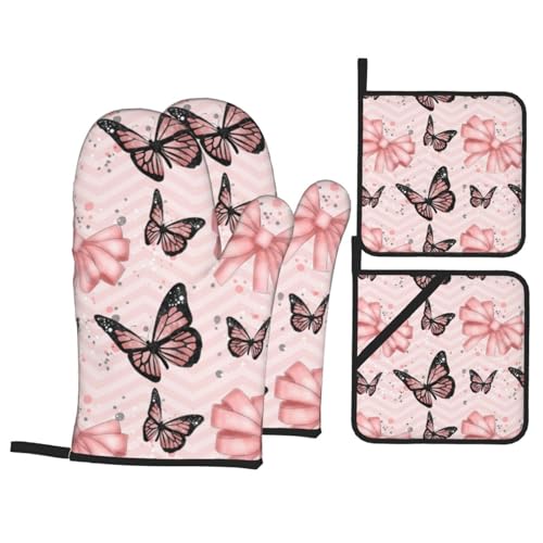 Butterfly Pink Ofenhandschuhe und Topflappen Sets - Vielseitige Kochhandschuhe und Backhandschuhe, Küchenhandschutz, hitzebeständige Topflappen von ESASAM