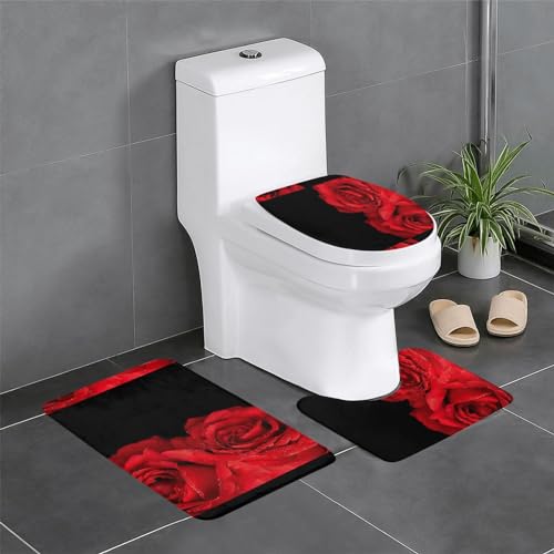 ESASAM 3-teiliges Badezimmerteppich-Set mit rotem Rosen-Druck, stilvoller und langlebiger Flanellstoff von ESASAM