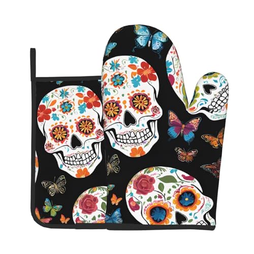 Ofenhandschuhe und Topflappen mit Totenkopf-Motiv, für Damen und Herren, zum Kochen, Backen, Mikrowelle, Grillen, Geschenk Ofenhandschuhe und Topflappen mit Totenkopf-Motiv, für Damen und Herren, zum Kochen, Backen, Mikrowelle, Grillen, Geschenk von ESASAM
