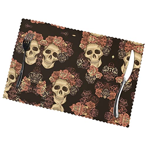 Platzsets für Esstisch, Rosen-Totenkopf-Druck, öl- und hitzebeständig, 30,5 x 45,7 cm, 6 Stück von ESASAM