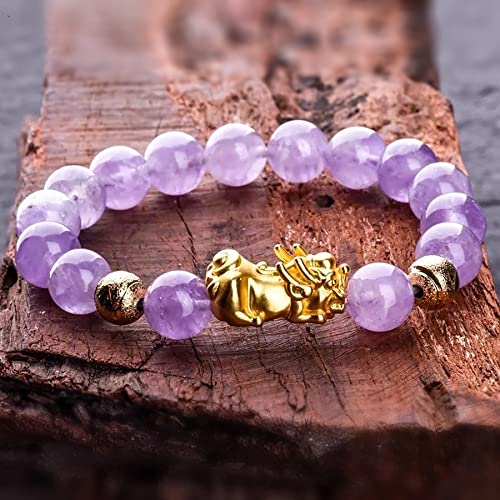ESBANT Feng Shui Pixiu Reichtumsarmband Lavendel Jade Kristallperlen Goldener Pi Yao Charme Lila Quarzarmband Chakra Edelstein Geld anziehen Glück Glück Talisman Frieden Wohlstand, 12 mm Size : 10mm von ESBANT