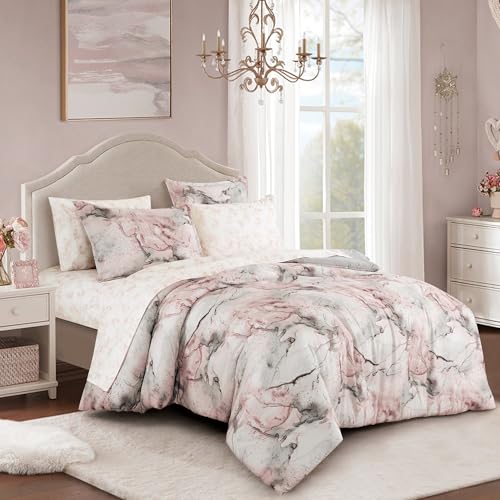 ESCA Marble Queen Bettdecken-Set mit Bettlaken - 7-teiliges rosa Bett in einer Tasche Set von ESCA