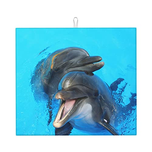 ESCATIC Geschirrtrocknungsmatte, Delfine mit lächelndem Gesicht, Bedruckte Abtropfmatte, super saugfähige Abtropfmatte, schnell,41X46cm von ESCATIC