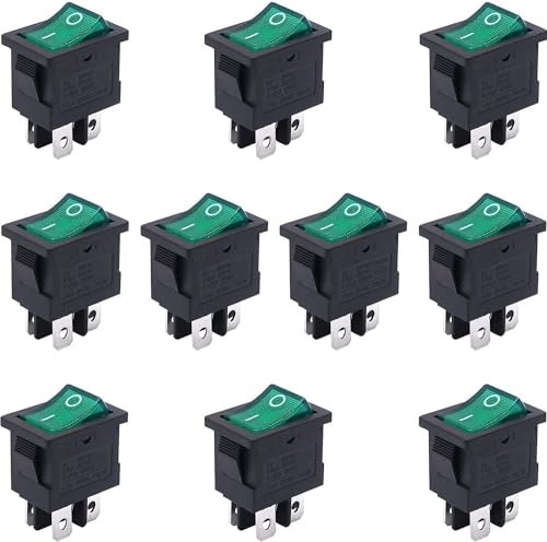 Ein/Aus-Mini-Kippschalter for Boote, 10 Stück AC 250 V/6 A, 125 V/10 A, EIN/Aus-DPST-4-poliger Mini-Schnappschalter mit 2 Positionen(Green) von ESESE