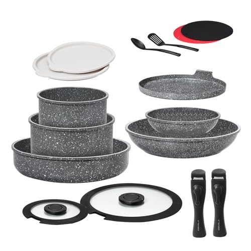 ESEVOLO 16-teiliges Kochgeschirr-Set für Induktionsherde, Töpfe und Pfannen mit abnehmbaren Griffen, stapelbar, Antihaftbeschichtung aus Keramik, ohne PFAS, mit Crêpes- und Schmorpfanne, grau ESEVOLO 16-teiliges Kochgeschirr-Set für Induktionsherde, Töpfe und Pfannen mit abnehmbaren Griffen, stapelbar, Antihaftbeschichtung aus Keramik, ohne PFAS, mit Crêpes- und Schmorpfanne, grau von ESEVOLO