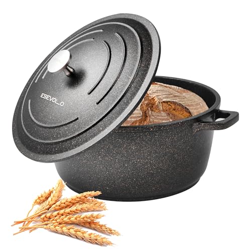 ESEVOLO Bräter mit Deckel Schmortopf Induktion 24 cm Brot Backen Dutch Oven Stil, leichter als Gusseisen Topf, Aluguss mit Antihaftbeschichtung, für Schmoren Braten, 4,5 L Schwarz von ESEVOLO