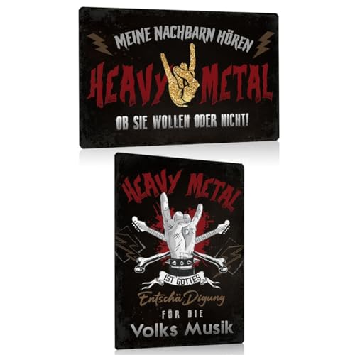 2er Set Retro Blechschild Heavy Metal 30x20cm - Rock Musik Metallschild mit Lustige Spruch - Meine Nachbarn hören Heavy Metal - Volksmusik - Schild Wanddeko Geschenk für Metal Fans Proberaum von ESFIVHO