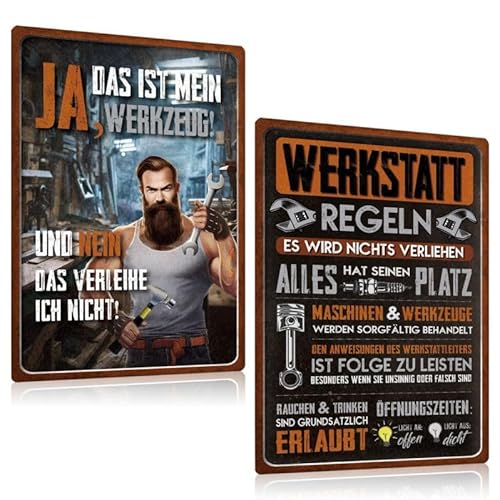 2er Set Retro Blechschilder Werkstatt mit Lustige Spruch 20x30cm - DAS IST MEIN WERKZEUG - WERKSTATT REGELN - Vintage Garagen Wanddekoration Metallschild Zubehör Geschenk für Männer Hobbyraum(02) von ESFIVHO