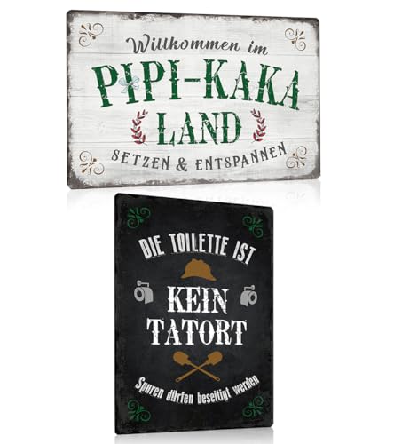 2er Set Retro Lustige Blechschilder Toilette 30x20cm - WC Metallschild mit Witzige Spruch - PIPI KAKA LAND - Bad Gästebad klo Wand-Schild Dekoration Zubehör von ESFIVHO