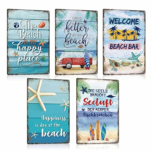 ESFIVHO 5er Set Blechschild Beach Strand Meer Landschaft - Metallschild mit Spruch - THE BEACH IS MY HAPPY PLACE - LIFE IS BETTER AT THE BEACH - DIE SEELE BRAUCHT SEELUFT - Vintage Schild Geschenk von ESFIVHO