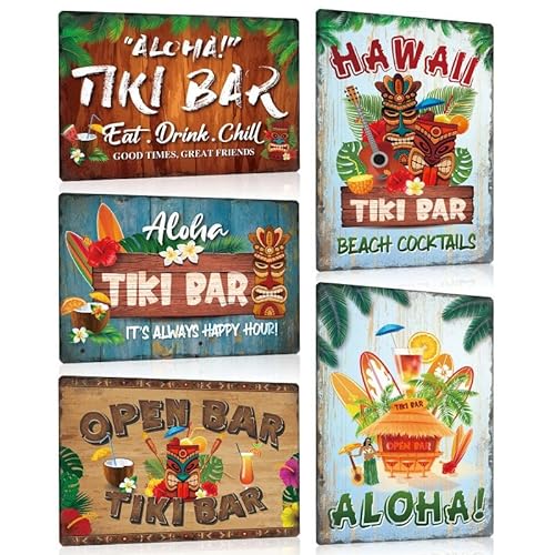 5er Set Blechschild Retro Tiki Bar - Hawaii Beach Cocktails Metallschild - ALOHA - Schild mit Spuch Lustig Witziger Deko Geschenk 20x30cm von ESFIVHO