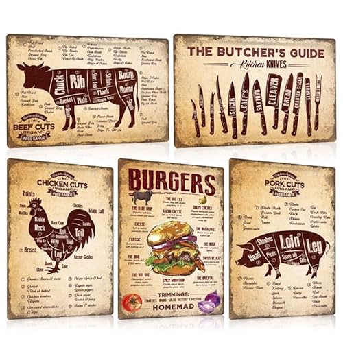 5er Set Blechschilder Retro Essen - BURGERS REZEPTE - BUTCHER GUIDE - BEEF CHICKEN PORK CUTS - Metall-schild grillen Deko für Restaurant Küche Wanddekoration 20x30cm von ESFIVHO