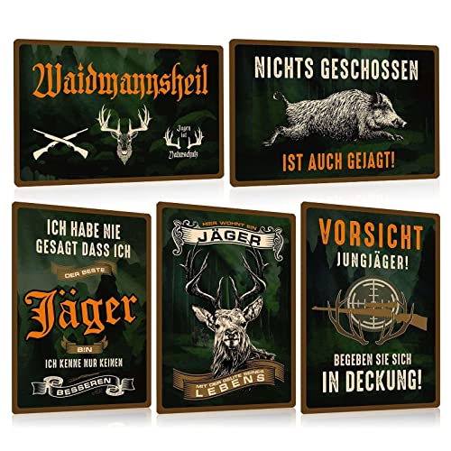 5er Set - Jäger Schild aus Metall 20x30cm - Jagd Blechschilder mit Lustig Spruch - Waidmannsheil - Deko Geschenk für Männer Bar Cave Partykeller Schützenfest Draussen - Wetterfest Metallschild von ESFIVHO