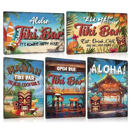 5er Set Retro Blechschild Tiki Bar - Hawaii Beach Cocktails Metallschild 20x30cm - ALOHA - Schild mit Spuch Lustig Witziger Deko Geschenk von ESFIVHO
