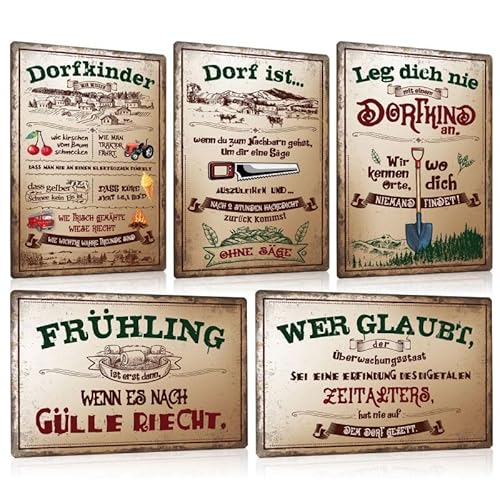 5er Set Retro Blechschilder Dorfleben mit Lustige Sprüche 20x30cm - Vintage Dorfkinder Metallschild Wanddeko - Schild Geschenke für Dorf Farmhouse von ESFIVHO