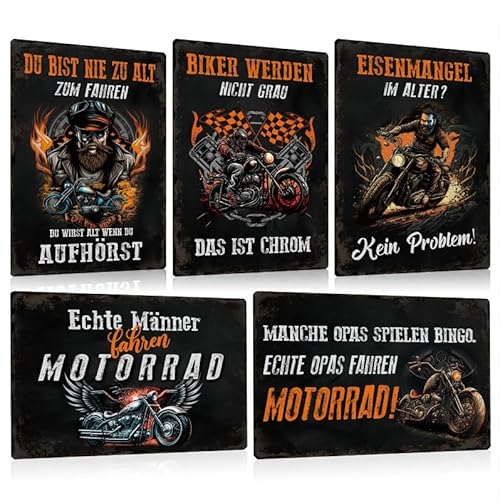 5er Set Retro Blechschilder Motorrad | Biker Metallschild mit Witziger Spruch | Schild Wand | deko Zubehör Geschenkidee für Motorradfahrer Männer Garage und Werkstatt 20x30cm von ESFIVHO