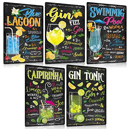 5er Set Retro Cocktail Blechschilder Rezept 20x30cm - Metallschild Witziger Spruch - BLUE LAGOON,CAIPIRINHA,Vintage Wand-Idee für Cocktail-bar Pub Kellerbar Lounge Kneipe Küche von ESFIVHO