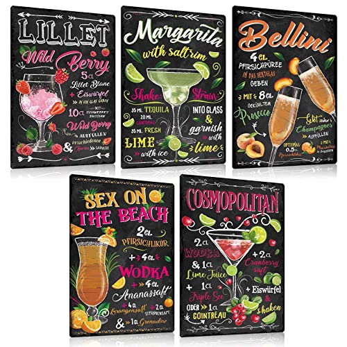 5er Set Retro Cocktail Blechschilder Rezept 20x30cm-Metallschild mit Witziger Spruch-LILLET,BELLINI,COSMOPOLITAN,MARGARITA-Vintage Wand-schild Deko Geschenk-bar Pub Kellerbar Lounge von ESFIVHO