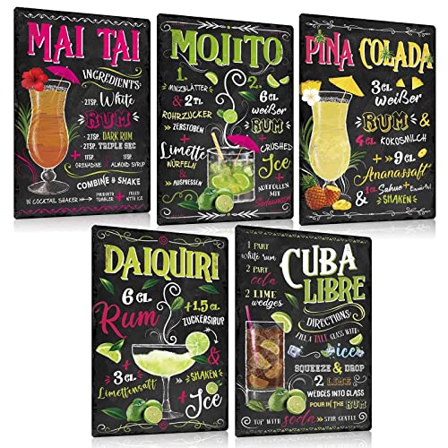 5er Set Retro Cocktail Blechschilder Rezept 20x30cm - Metallschild mit Witziger Spruch - MAI TAI,MOJITO,PINA COLADA,DAIQUIRI,LIBRE-Vintage Wand-Idee für Cocktail-bar Pub Kellerbar Lounge Kneipe Küche von ESFIVHO