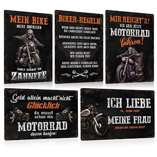 5er Set Retro Motorrad Blechschilder Lustig Spurch 20x30cm - BIKER REGELN - Schild Metallschild Wand-deko Zubehör Geschenkidee für Motorradfahrer Männer Garage und Werkstatt von ESFIVHO
