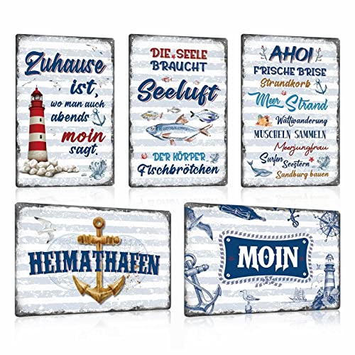 5er Set Vintage Blechschild Nordsee Meer Strand Leuchtturm - Retro Metallschild mit Spruch - MOIN - HEIMATHAFEN - Zuhause ist, wo man auch abends Moin sagt - Wand-schild Shabby Chic Deko Geschenk von ESFIVHO