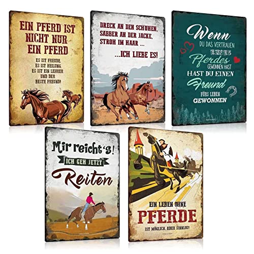 ESFIVHO 5er Set Vintage Pferde Blechschild - Metallschild mit Spruch - Retro Pferde-schild Boxenschild Weideschild - Schild Geschenke für Pferdeliebhaber und Reiter 20x30cm von ESFIVHO