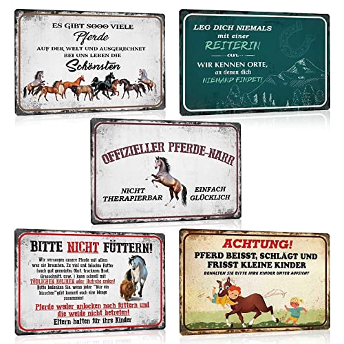 ESFIVHO 5er Set Vintage Pferde Blechschild - Pferd Warnschild Sprüche - Retro Boxenschild Pferdeschild Weideschild - Schild Geschenke für Pferdeliebhaber und Reiter 20x30cm ESFIVHO 5er Set Vintage Pferde Blechschild - Pferd Warnschild Sprüche - Retro Boxenschild Pferdeschild Weideschild - Schild Geschenke für Pferdeliebhaber und Reiter 20x30cm von ESFIVHO
