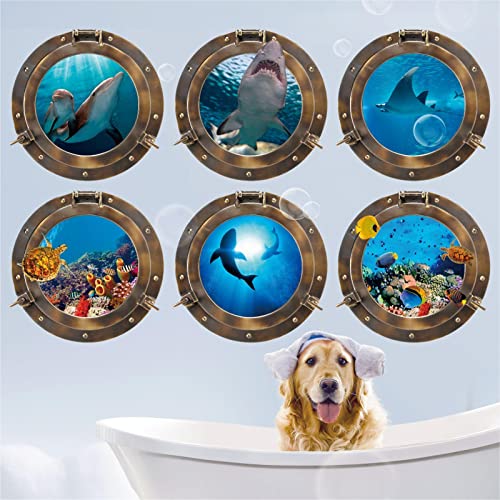 6Pcs Wandtattoo Bullauge 3D - Unterwasserwelt 3D Wandaufkleber Meeresschildkröte Unterwasserwelt Hai Ozean Bullauge Fenster für Schlafzimmer Kinderzimmer Badezimmer Wohnzimmer 360mmx360mm von ESFIVHO