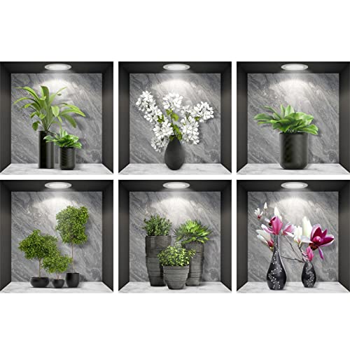 6er Set Wandtattoo 3D Effekt Vase - 3D Wandaufkleber Selbstklebend mit Blumen Grüne Pflanzen Baum Bonsai - Wandsticker Wandbild für Schlafzimmer Wohnzimmer Kinderzimmer Küche Büro 36x36cm von ESFIVHO