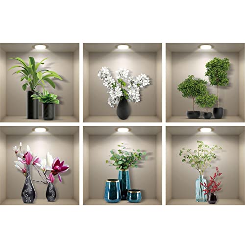 6er Set Wandtattoo 3D Effekt Vase - 3D Wandaufkleber Selbstklebend mit Blumen Grüne Pflanzen Baum Bonsai - Wandsticker Wandbild für Schlafzimmer Wohnzimmer Kinderzimmer Küche Büro 36x36cm von ESFIVHO