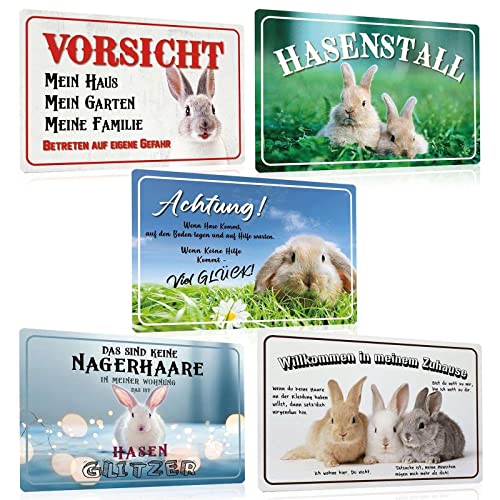 ESFIVHO 5er Set Hasen Schild aus Metall 20x30cm - Blechschilder Sprüche Hasenstall - VORSICHT - Willkommen In Meinem Zuhause - Wand-schild Deko Geschenk von ESFIVHO