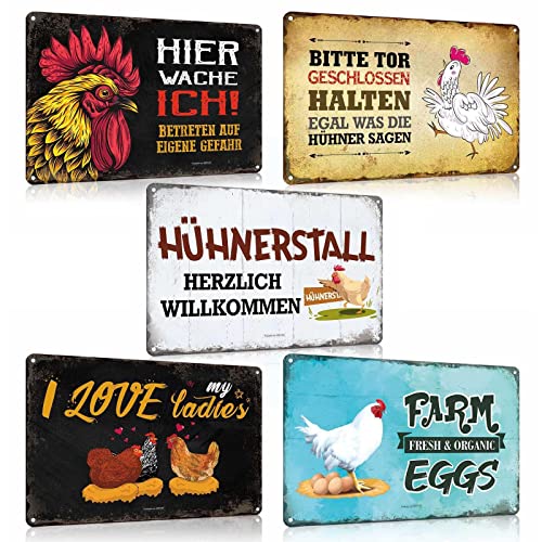 ESFIVHO 5er Set Hühner Blechschild mit Lustig Spruch - HIER WACHE ICH - I LOVE MY LADIES - FRESH EGGS - Vintage Eier Huhn Hahn Metall-Schild - Hühner Deko Geschenk als Hühnerstall 20x30cm von ESFIVHO