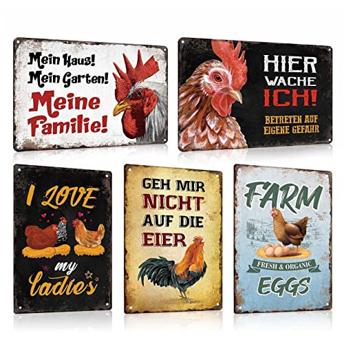 ESFIVHO 5er Set Hühner Blechschild mit Lustig Spruch - HIER WACHE ICH - I LOVE MY LADIES - FRESH EGGS - Vintage Huhn Hahn Eier Metall-Schild - Hühner Deko Geschenk als Hühnerstall Zubehör 20x30cm von ESFIVHO