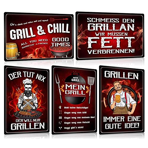 ESFIVHO 5er Set Retro Blechschild Grill - GRILL und CHILL Schild mit Spruch - GRILLEN BBQ Metallschild Vintage Deko - Wand Dekoration Geschenk für Griller Grillmeister Küche Köche 20x30cm von ESFIVHO