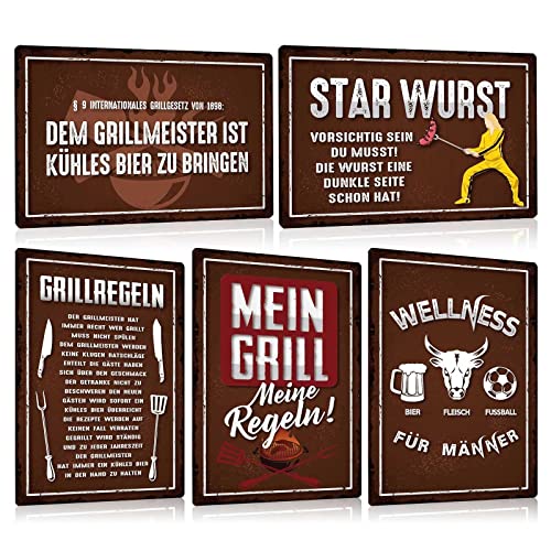 ESFIVHO 5er Set Retro Blechschild Grill - STAR WURST Schild mit Spruch - MEIN GRILL MEINE REGEL - BBQ Metallschild Vintage Deko - Wand Dekoration Geschenk für Griller Grillmeister Küche Köche 20x30cm von ESFIVHO