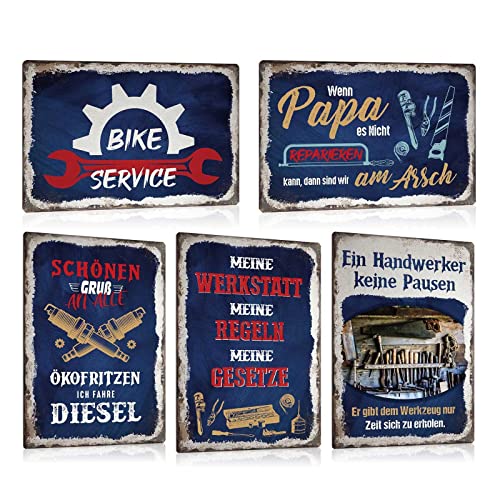 ESFIVHO 5er Set Retro Blechschild Werkstatt Regel Handwerker Lustiger Spruch - Bike Service Fahrrad - Wenn Papa es Nicht reparieren kann - Vintage Garage Wandschild Wanddeko Metall-schild Geschenk von ESFIVHO